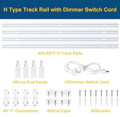 Image of White Extra Long H Type Track Lighting Rails Kit with Dimmer Switch for Large Areas 19.7FT Track Lighting System Single Circuit 3-Wire-1 H Track Rail with 4 I Connectors, Made of Aluminum