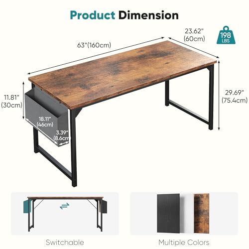 Image of OLIXIS Computer Desk, 63 Inch Gaming Desks for Home Office Small Spaces | Writing Study Craft Work Table, Computer Workstation for Bedroom with Storage Bag, Rustic Brown