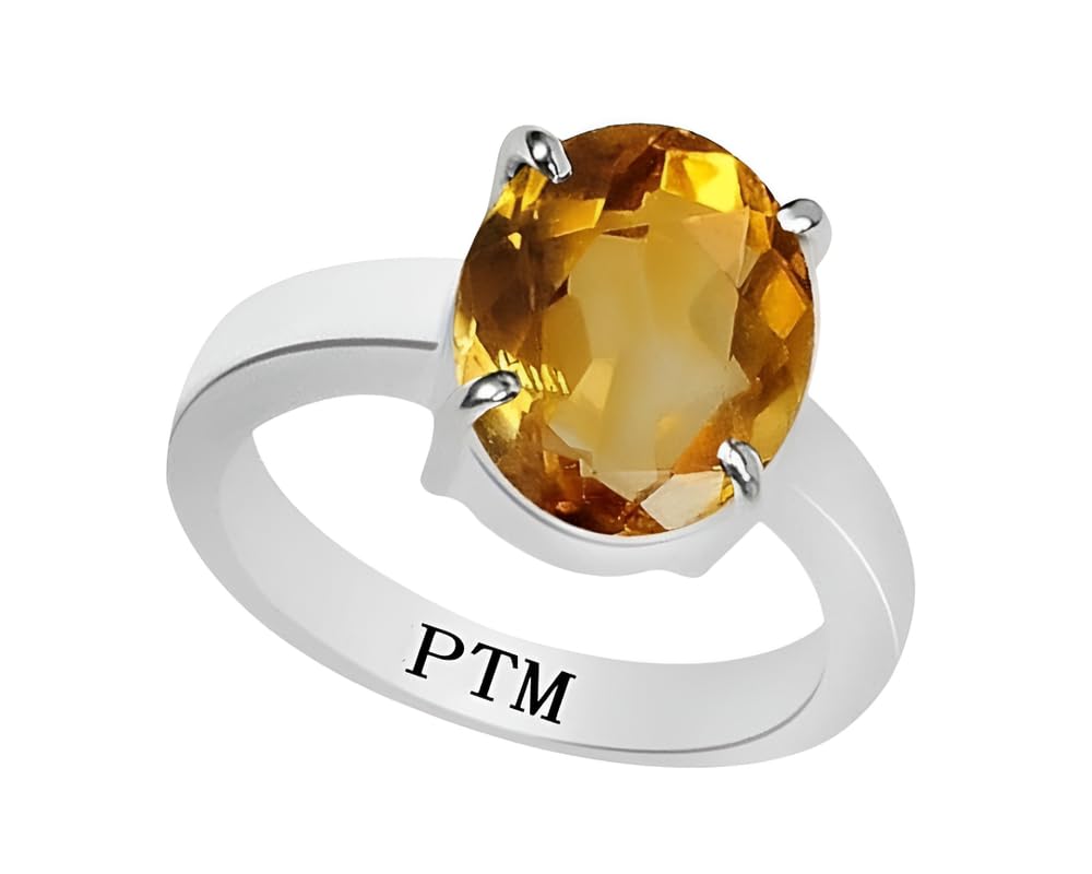 PTM 925 Sterling Silver Sunehla (Citrine) 3.25 to 10.25 Ratti or 3.00 to 9.50 Carat Astrological Gemstone Bis Hallmark Ring for Men & Women