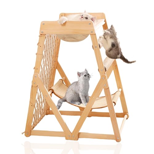 33in Cat Tree Wooden Climbing Frame, Versatile Cat Towers Comes with a Climbing Net&Space Capsule &Hammock, Can Be Used