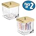 mDesign Modern Glass Square Bathroom Vanity Countertop Storage Organizer Canister Jar for Cotton Swabs, Rounds, Balls, Makeup Sponges, Bath Salts - 2 Pack - Clear/Soft Brass