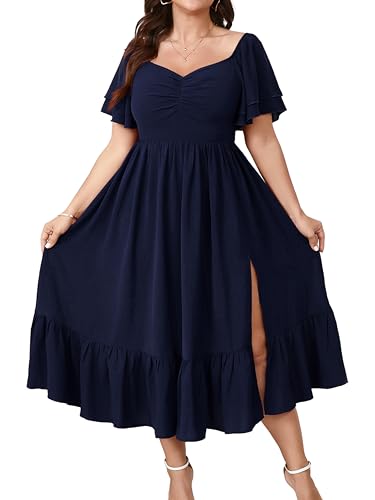 SCOMCHIC Womens Plus Size Wedding Guest Cocktail Dresses Sweetheart Neckline Short Sleeve Smocked Ruffle Slit Maxi Dress Navy Blue