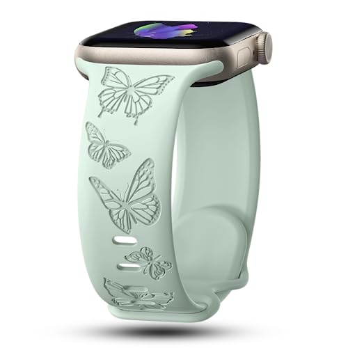 Image of Butterfly Engraved Bands Compatible with Apple Watch Band 41mm 40mm 38mm 49mm 46mm 49mm 46mm 45mm 44mm 42mm Women, Silicone Sport Strap for iWatch Series SE 10 9 8 7 6 5 4 3 2 1 SE Ultra