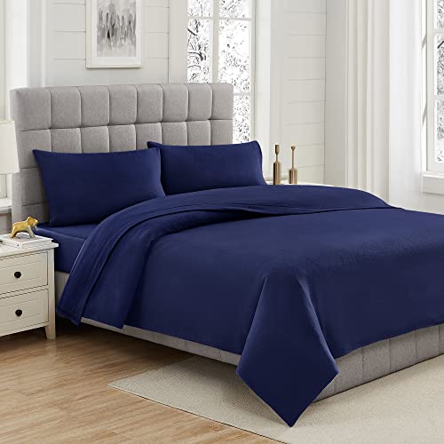 Image of Viviland Plush Micro Fleece Queen Bed Sheet Set - Soft Fuzzy Polar Fleece Velour Velvet Sheets - Extra Warm Winter Fleece Bed Sheets with Deep Pocket - Navy - Queen | Soft Flannel-like Fleece, 100% Polyester, Fluffy Velvety Feel, 200GSM, 15 inch Deep Pocket, Warm Winter Gift & Decor