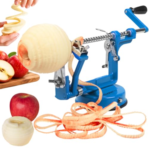 Image of Apple Peeler and Corer by Cucina Pro - Long Lasting Chrome Cast Iron with Countertop Suction Cup, Teal | Countertop Hand Crank for Fruits, Potatoes or Veggies, Picking Season- Pie, Treat Dessert Baking, Must Have Fall Kitchen Tool