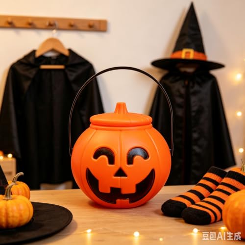 Plastic Pumpkin Bucket, Halloween Pumpkin Treat Pail with Handles and Lid - image 5
