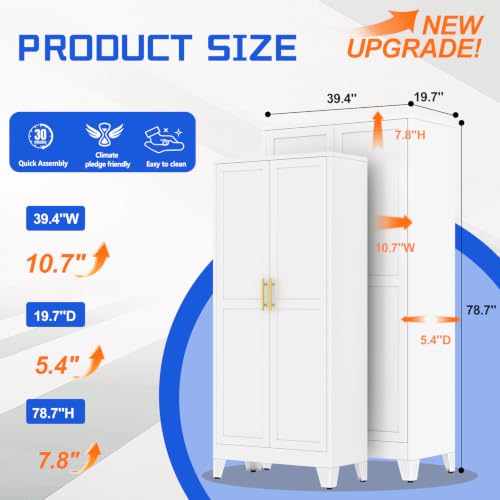 Image of GAIOUS 79 inch Tall New Update Kitchen Pantry Cabinet, Metal Storage Cabinet | with 2 Doors and 5 Adjustable Shelves, Steel Cupboard for Kitchen Dining Bathroom Bedroom, White, Freestanding, Wider Deeper