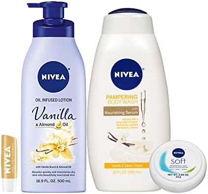 NIVEA Very Vanilla Self-Care Kit - 4 Piece Bundle with Body Lotion for Dry Skin, Hydrating Body Wash, Lip Balm, and Moisturizing Body Cream