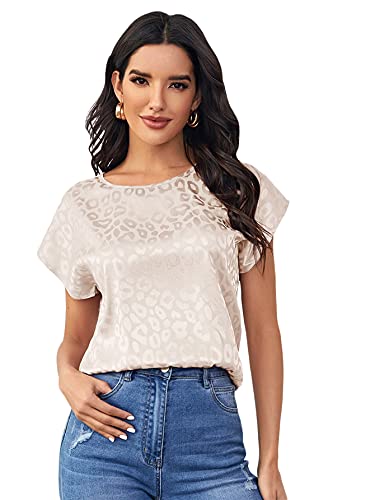 Floerns Women's Casual Cap Sleeve Leopard Print Satin Silk Blouse Tops Beige L #TOP27