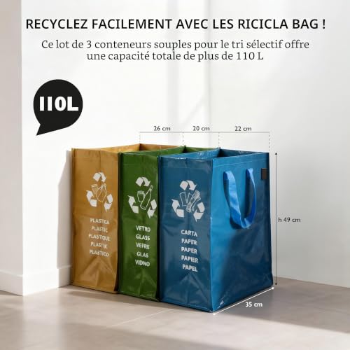 Perfetto conteneur de recyclage, à 3 compartiments, 22 + 26 + 20 x 35 x 49 cm – vue 2
