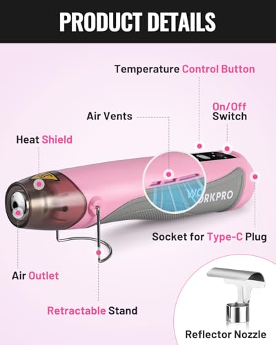 WORKPRO 7.2V Mini Cordless Heat Gun, 842℉ Hot Air Gun with Reflector Nozzle, 3 Temp Settings – Cool Air, 482℉/842℉, Ceramic Heating Core, Ideal for Christmas Crafts, Includes 50 Heat Shrink Tubes - Thumbnail 3