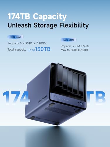 Image of MINISFORUM N5 Air 5-Bay Desktop NAS, AMD Ryzen 7 255(8C /16T) CPU, Barebone, 64GB SSD, 1x 10GbE, 1x 5GbE, 2x USB4(8K), 8K HDMI, OCuLink, 3x M.2 Slots, PCIe x16 Slot, Network Attached Storage (Diskless)