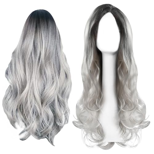 Perruque Longue Bouclée 80cm/31” Perruques Longues Ondulée pour Femmes Perruque Ondulée avec Frange Perruque Naturelle Synthétique Heat Resistant Perruques pour Fête Quotidienne Cosplay Wear (Gris)