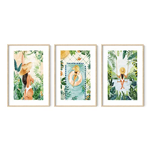 HAUS AND HUES Set of 3 Tropical Wall Art – Boho Aesthetic Prints, Beachy Palm Leaf & Female Silhouette Decor, Modern Botanical Paintings (Beige Frame, 24x36)