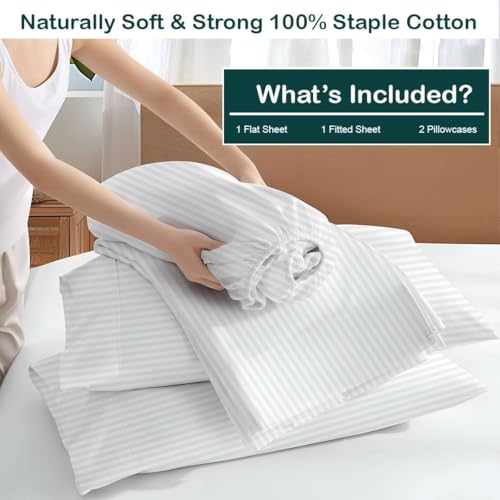 Image of NON Sticky cotton Premium 4 Piece Egyptian Cotton Fitted Queen Sheet Set, Hotel Quality Soft Breathable Bedding Sheets, 15 inch Deep Pocket, 60 inch X 80 inch, White Stripe