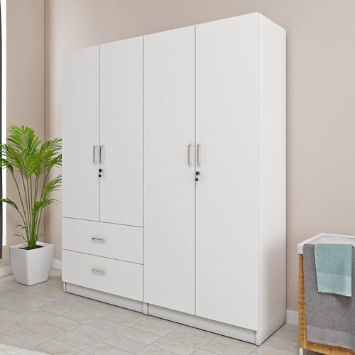 Image of VIKI Wardrobe |Wooden Almirah for 4 Door 2 Drawer with Shelves & Hanging Space Wardrobe (Frosty White - 40D x 160W x 180.8H) | 1 Year Warranty | Free Assembly