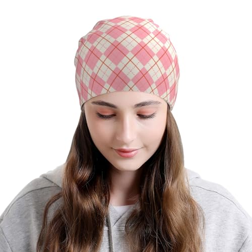 Pink Checkered Beanie Chemo Hats for Women Men Slouchy Cancer Headwear Stretchy Skull Cap Soft Knitted Hat Nightcap Chemo Gifts — view 3