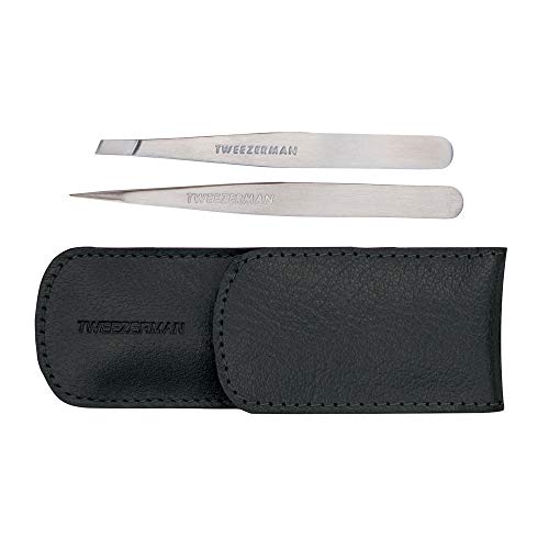 TWEEZERMAN Pinzetten Set mit Leder-Etui aus Rostfreiem Edelstahl, Schräge und Spitze Ausfürhung, Schwarz