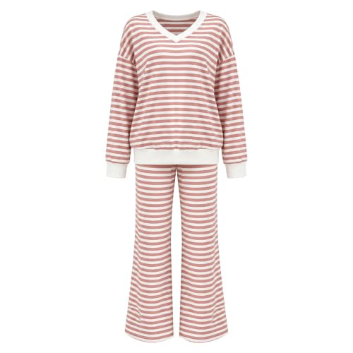GOSEAGOTOFUN Women Striped Pajama Set V Neck Long Sleeve Lounge Sets Cute Comfortable 2 Piece Pajama Set Travel Lounge Outfit Pink Small - image 3