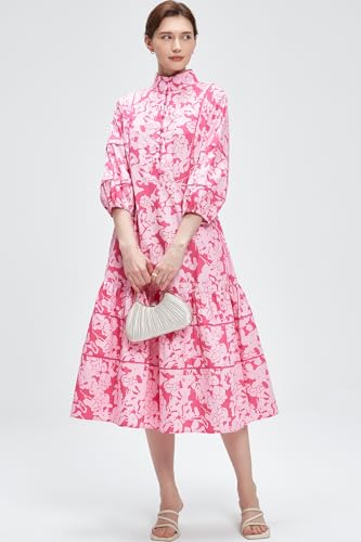 Image of D-Sun Women Floral Maxi Dress Elegant Printed Button Down 3 /4 Puff Sleeve Tiered A-Line Flowy Party Long Dress with Pocket