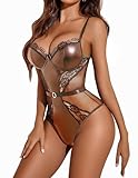 Avidlove sexy lingerie for women Lace Bodysuit Snap Crotch Teddy Leather Lingerie Brown S