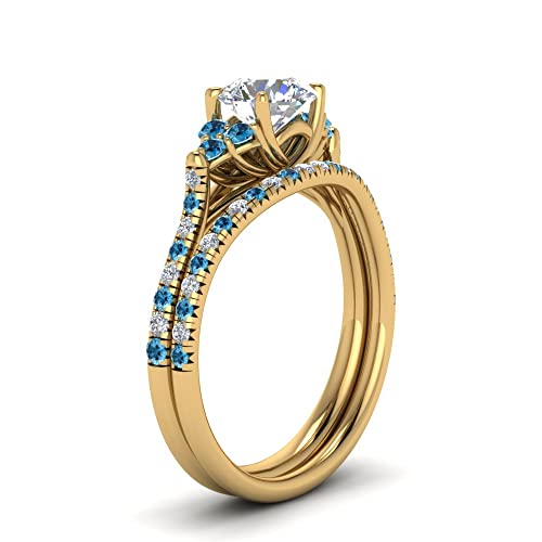 Image of Choose Your Gemstone Round Cut Petite Cathedral Wedding Ring Set Yellow Gold Plated Round Shape Wedding Ring Sets Matching Jewelry Wedding Jewelry Easy to Wear Gifts US Size 4 to 12