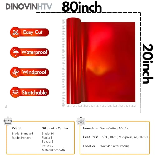 Image of RED FOIL | HTV Vinyl Rolls | Heat Transfer Vinyl | 20inch x 80inch | PU for Shirts | Metallic Finish | Soft Touch | Stretchable | Iron on Vinyl for Cricut & Cameo | Easy to Cut & Weed