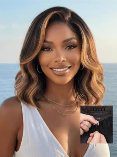 Image of Sunber Bye Bye Slip Ombre Brown Highlight Glueless Bob Wig Human Hair 7x5 Pre Cut Lace Front Loose Wave Drawstring Wig Blonde Face-Framing Highlights Pre Plucked Bleached Knots Ready to Go Wig 10Inch