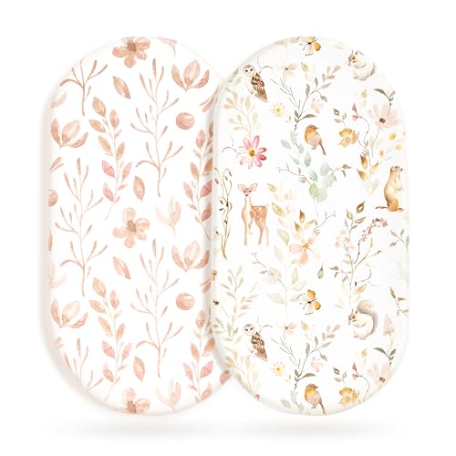 Image of Stretchy Ultra Soft Fitted Bassinet Sheet Set 2 Pack, Universal Fit for Bassinets Baby Cradle Moses Basket Oval Rectangle Mattress Safe and Snug, Beautiful Blush Pink Floral and Cute Animals Print