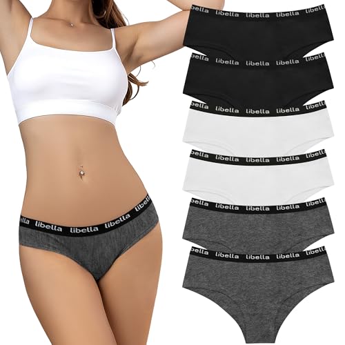 Libella Bragas Mujer Algodón Ropa Interior Mujer Hipster Suave y Transpirable Bragas Culotte Braguitas Cintura Media Pack de 6, A M