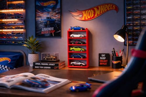 Image of 6-Car Display Rack - Premium Matte Black Tabletop Organizer with Tire Slots & Side Guards for 1:64 Scale Diecast Cars (Hot Wheels, Matchbox, Tomica,)(NO CAR INCLUDED) (Red)