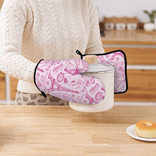 Paris Eiffel Tower France Silicone Oven Mitts And Pot Holders Sets Non-Slip Heat Resistant Oven Gloves Kitchen Potholder With Soft Quilted Cotton Lining For Cooking Baking Bbq Grilling #TOP6