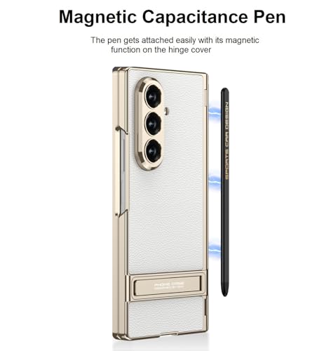 Image of Midkart Magnetic Cover Compatible with Samsung Galaxy Z Fold 7 Release 2025 with Pen Holder and Pen Hinge Protection Kickstand Electroplated Camera Protection, White & Gold