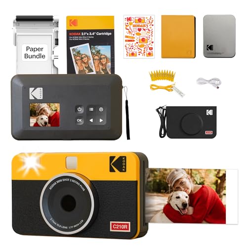 Product Image of the KODAK Mini Shot 2 Retro 4PASS 2-in-1 Instant Digital Camera and Photo Printer (2.1x3.4) Initial 8 Sheets + 60 Sheets Gift Bundle, Yellow