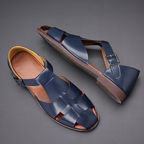 Image of Men's Leather Hollow Flat Fisherman Sandals with Buckle Comfortable Round Toe Breathable Low Heel Non-slip Roman Sandals for Leisure, Work, Driving