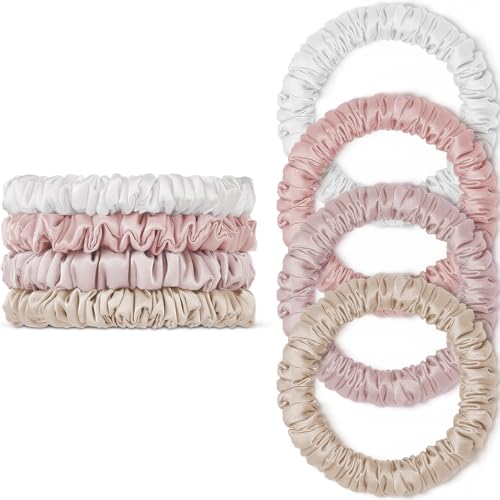 Image of Scrunchies Hair Ties Silk Satin Scrunchy, WantGor Women 4PC Pure Mulberry Silk Skinny Elastic Scrunchies Hair Bands Bracelets Ponytail Holders Hair Accessories (Champagne,White,Pink,Light Pink)