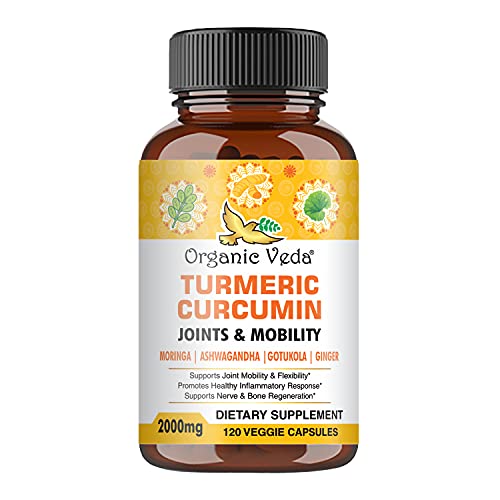 Organic Veda Turmeric Curcumin Power Capsules, 2000mg â€“ 100% Natural High Potency Turmeric Capsules with Moringa, Ashwagandha, Ginger, Black Pepper Extract for Pain Muscle & Joints Complex-120 Veggie