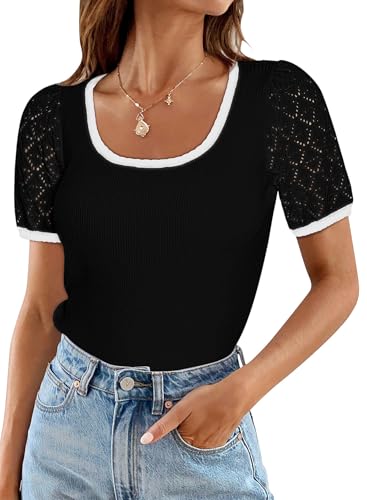 Womens Short Sleeve Sweater Pullover Shirts Summer Square Collar Basic Ribbed Knit Cut Out Color Block Tops