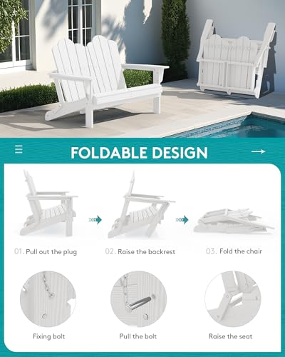 Image of SERWALL Folding Adirondack Bench Set of 2, HDPE All-Weather Adirondack Loveseat, Folding Outdoor Bench, White
