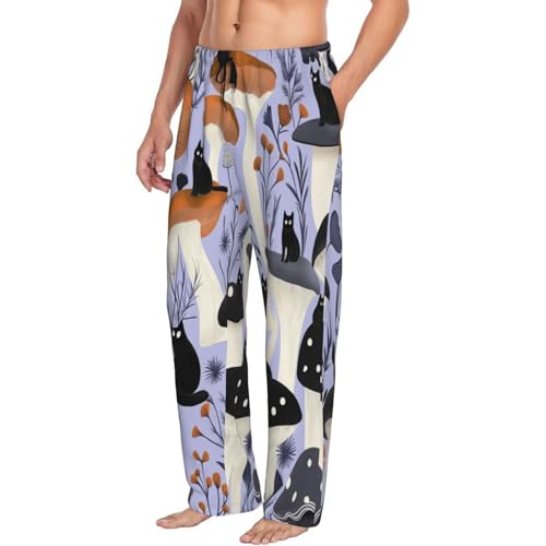 Orange Mushroom Black Cats Pajama Pants Mens Lounge Sleep Pant Long Pajama Bottoms Drawstring Elastic with Pockets2