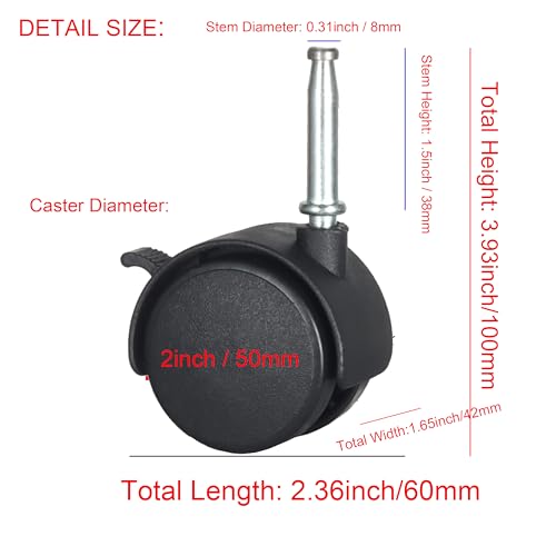 Yeweke YEWEKE0012 Swivel Stem Casters 2 Inch Casters Wheels With Brake 5/16"X1 1/2 Inch (8X38Mm) Nylon Furniture Casters thumb #5