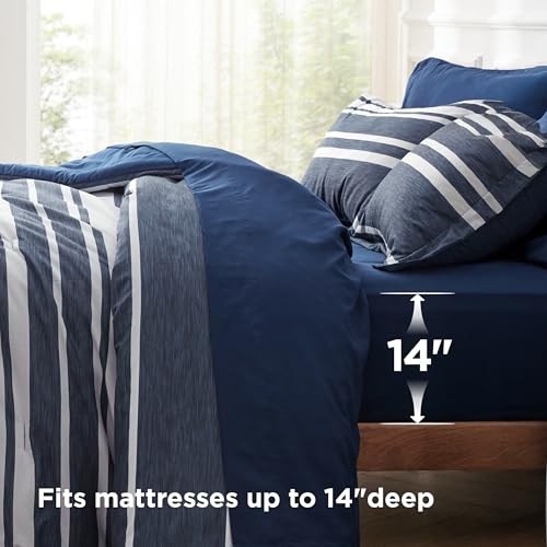 Image of Bedsure Queen Comforter Set 7 Pieces, Blue Striped Bedding Set for All Seasons, Reversible, Cationic Dyeing Bed in a Bag with Comforter, Sheets, Pillowcases & Shams