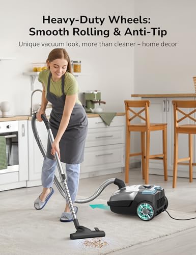 Image of Aspiron Canister Vacuum, 1700W /45KPA Bagged Vacuum Cleaner, 5L Large Capacity, Auto Cord Rewind, HEPA Filter, Low Noise, 8M Cleaning Radius, Easy to Push, for Hard Floor, Low Pile Carpet, Crack, Car