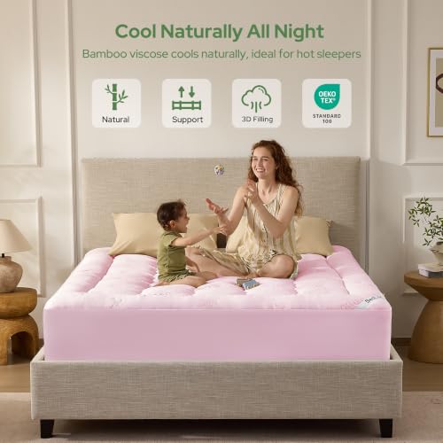 Image of BEDLORE Full Size Mattress Topper, Pillow Top Mattress Pad | Stretchable Pockets Fit 6 inch-15 inch Mattress, Soft Breathable Thick Mattress Topper for Back Pain Relief & Hot Sleepers(Pink)