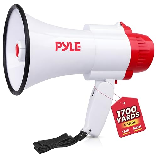 Pyle 30W Megaphone Bullhorn with Built-in Siren, Voice Recorder, and 1700-Yard Range, Featuring Adjustable Volume Control, Ergonomic Pistol Grip, and Convenient Folding Handle for Indoor/Outdoor Use