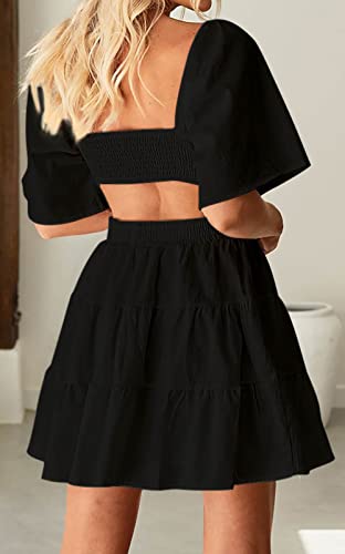 Women's Summer Dresses Square Neck Casual Short Sleeves Crossover Elastic Waist Party Mini Dress2