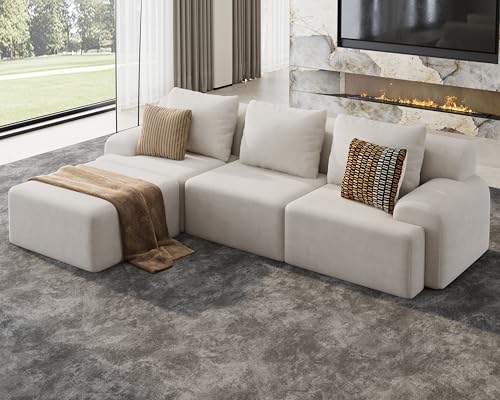 Kalafini 118" Boneless Couches for Living Room, Beige L-Shaped 4-Seat