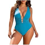 Women's Sexy One-Piece Monokini Swimsuit Pleated Deep V-Neck Halter Bikini Bathing Suit Fashion Hawaiian Beachwear Sky Blue