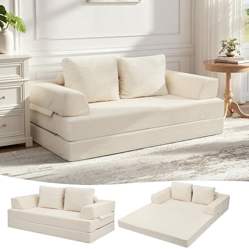 MeMoreCool Schlafsofa Cord, Klappbares Bodensofa mit Kissen, Beige | Komfortables Boden Sofa mit Matratze und Weicher Cord Oberfläche, Ideal als Schlafplatz, Lounge oder Gästebett