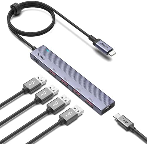Aceele USB C Hub 10Gbps, USB 3.2 Hub with 4 USB-A 3.2 Ports, USB-C Multiport Adapter with 3.3ft Extented Long Cable, 5V Extra USB C Power Port, USB-C Splitter for MacBook Pro, iMac, iPad Pro and More
